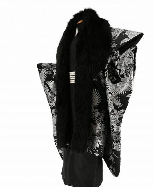 紋付袴レンタル・成人式・結婚式・卒業式【陣羽織】黒　銀の鶴と牡丹